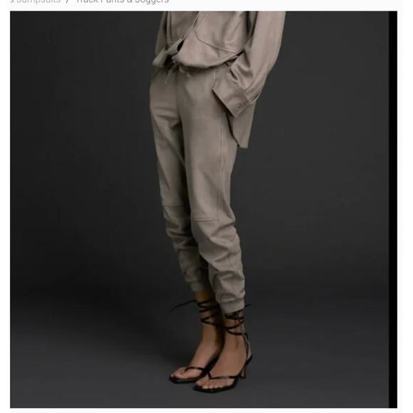 Zara Vegan Suede Taupe Joggers Pants Size Large Ecru Mushroom - Picture 1 of 6